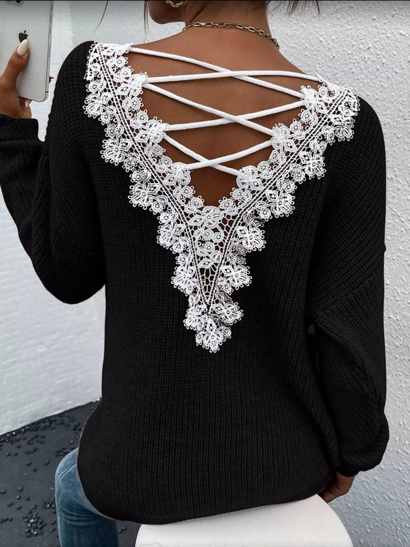 Lace-Trimmed Back V-Neck Sweater