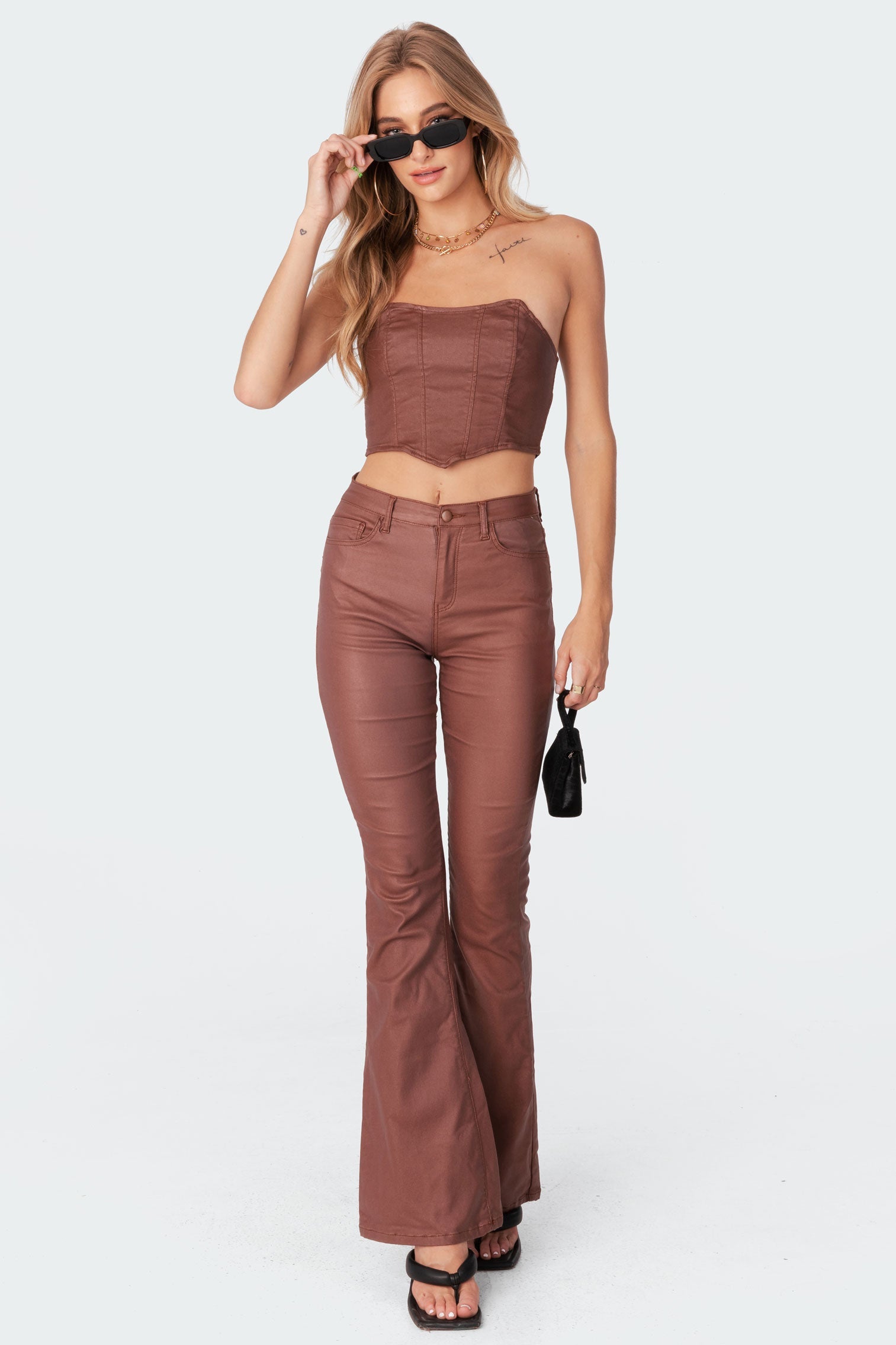 Luna Faux Leather Mid Rise Flared Jeans