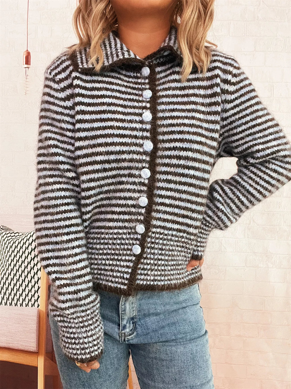 Striped Button-Up Long Sleeve Cardigan