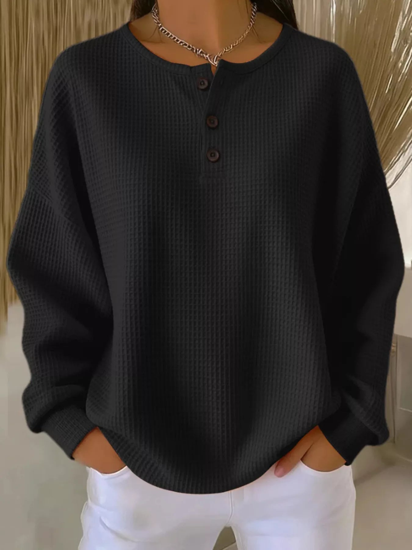 Full Size Waffle Knit Button Detail Top Plus Size