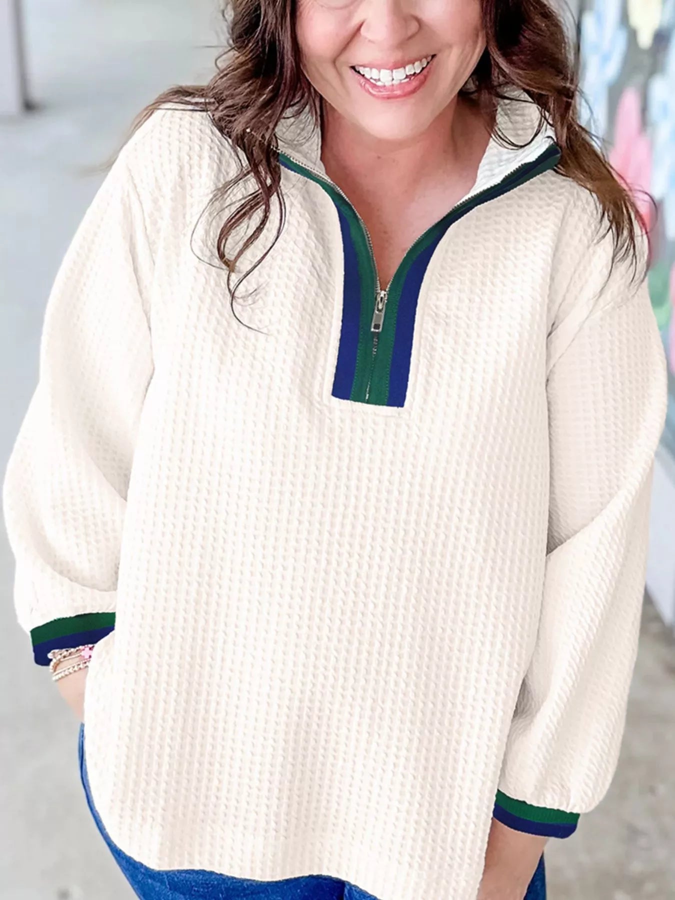 Textured Waffle Knit Half-Zip Sweatshirt