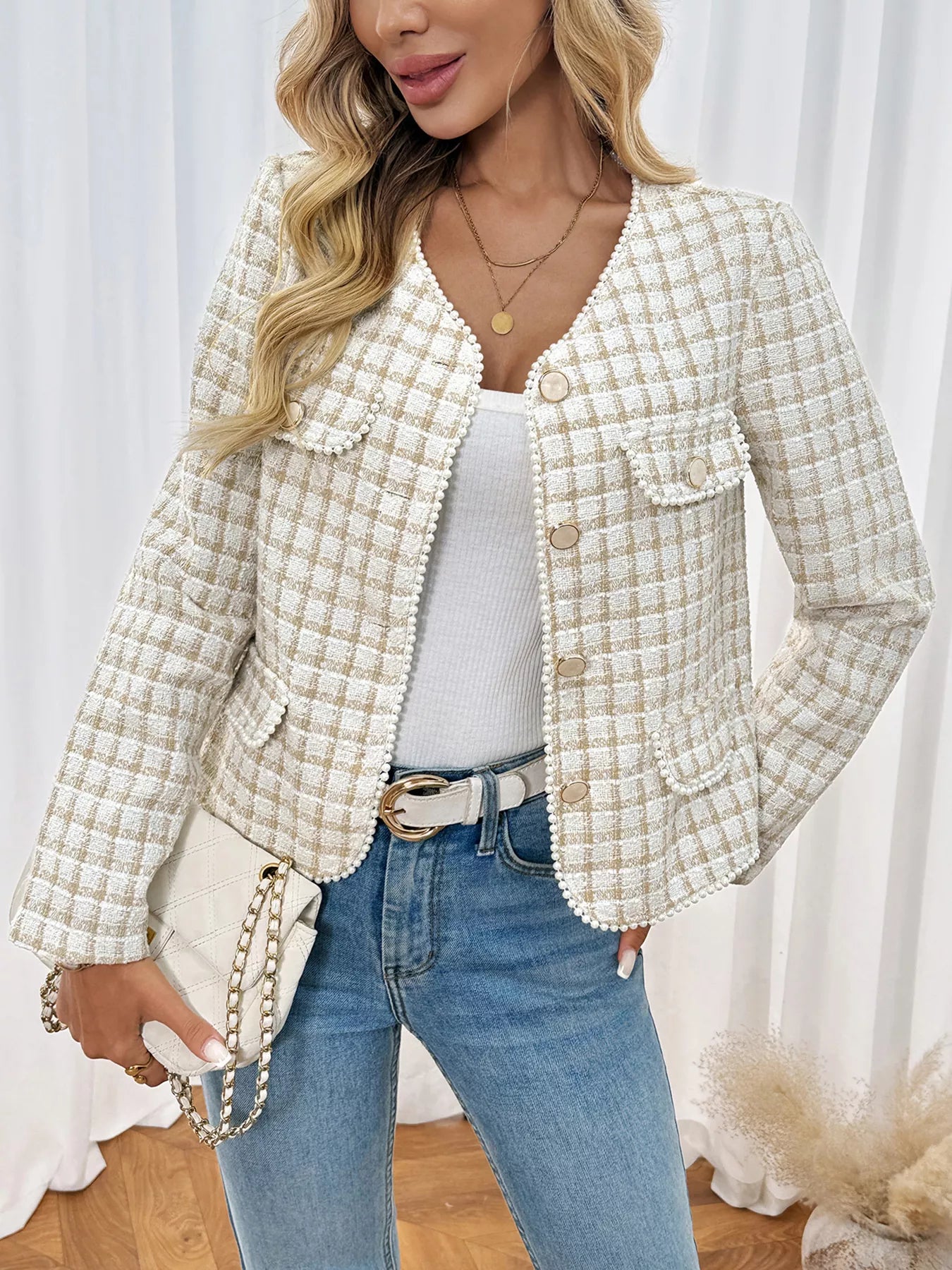 Pearl Trim Button Up Tweed Outerwear