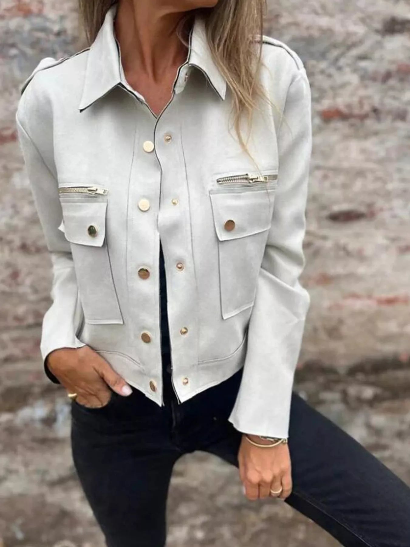 Full Size Snap Down Long Sleeve Jacket Plus Size