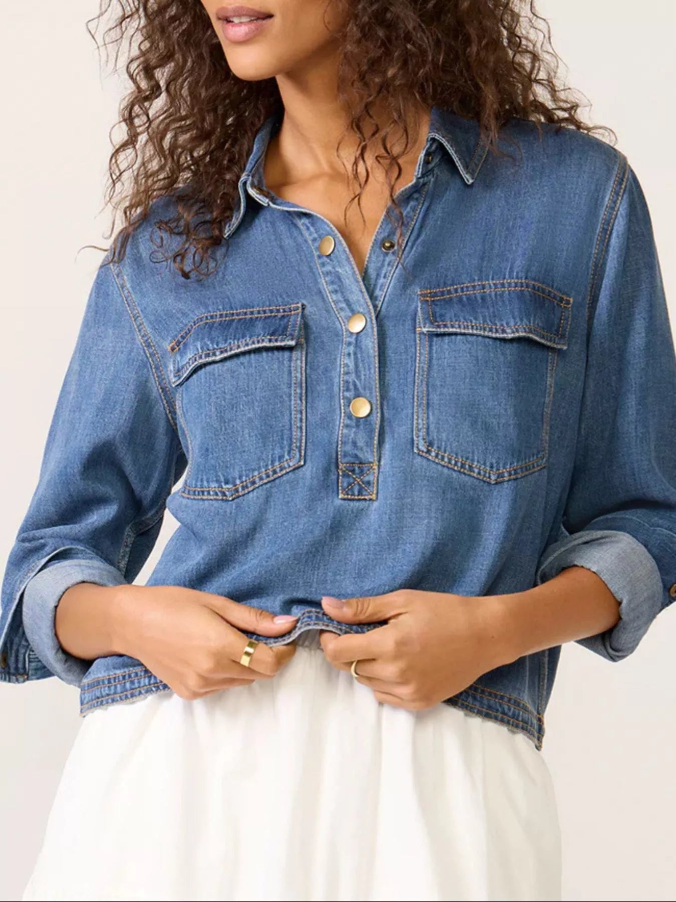 Half Snap Cropped Denim Top