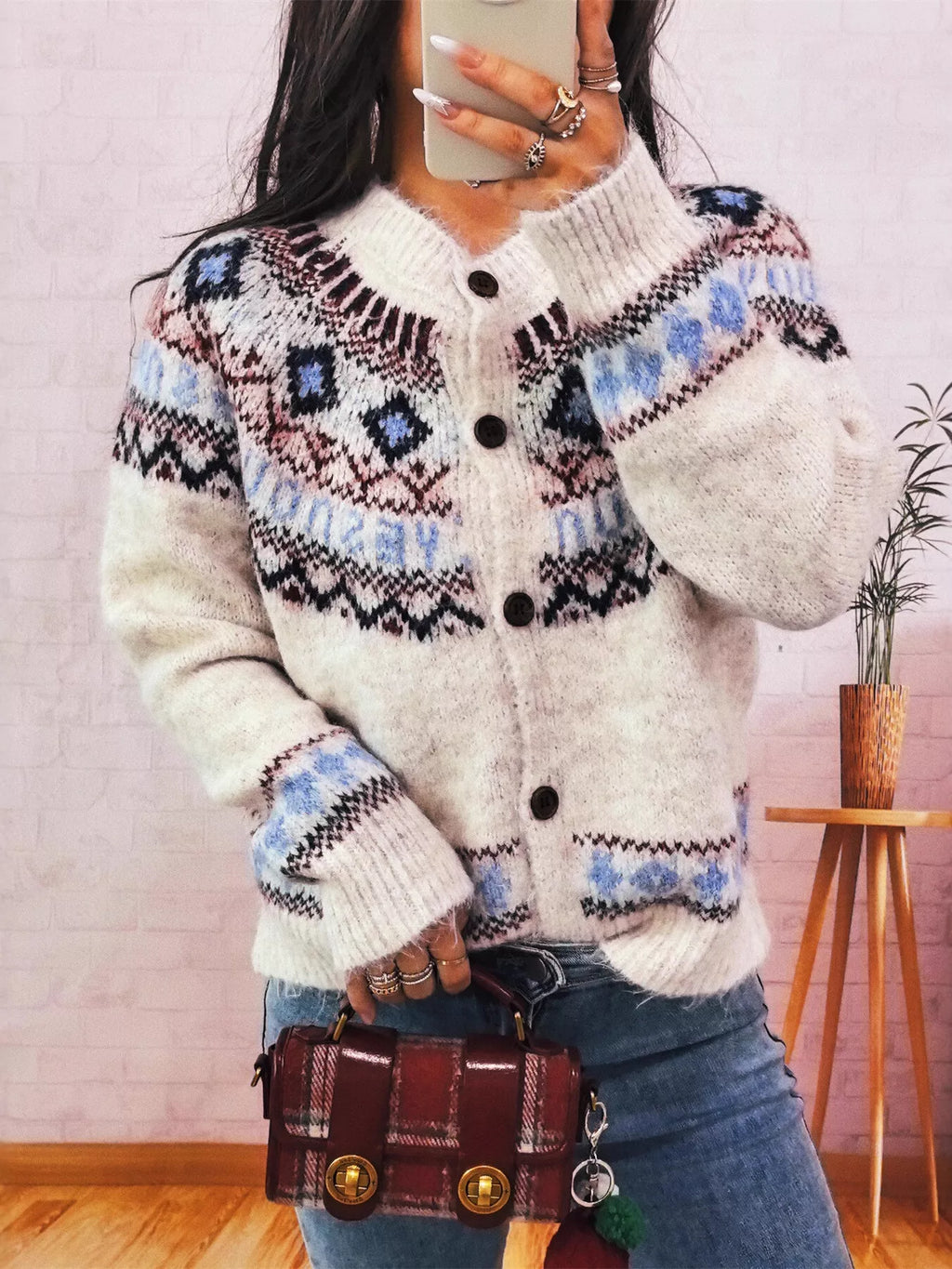 Geometric Pattern Button Up Long Sleeve Cardigan