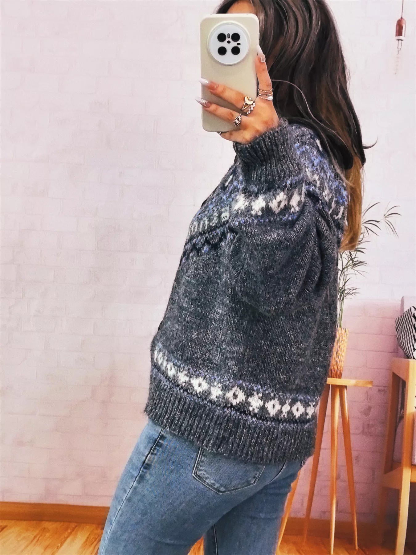Geometric Pattern Button Up Long Sleeve Cardigan
